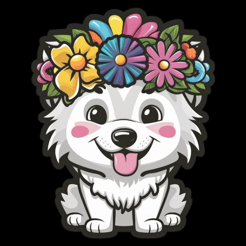 Samojede Hund mit Blumenkrone