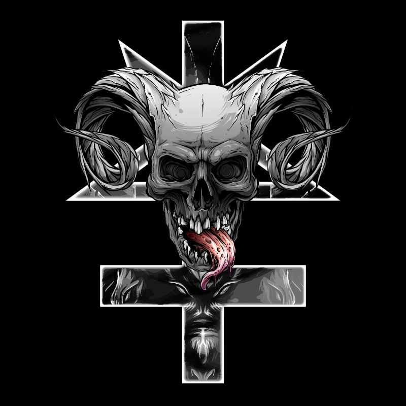 Croce rovesciata con pentagramma e cranio