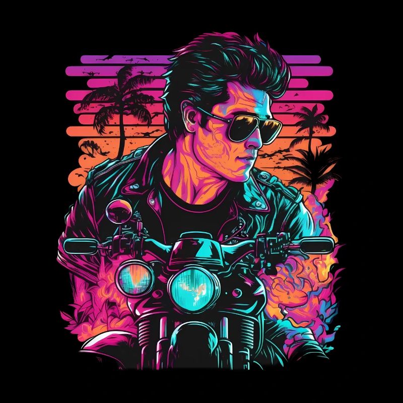Retro Biker Illustration Motorrad Synthwave Art
