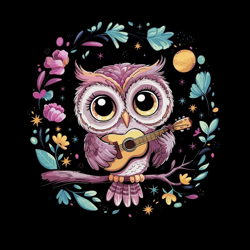 Niedliche Eule Vogel Federn Blumen Gitarre