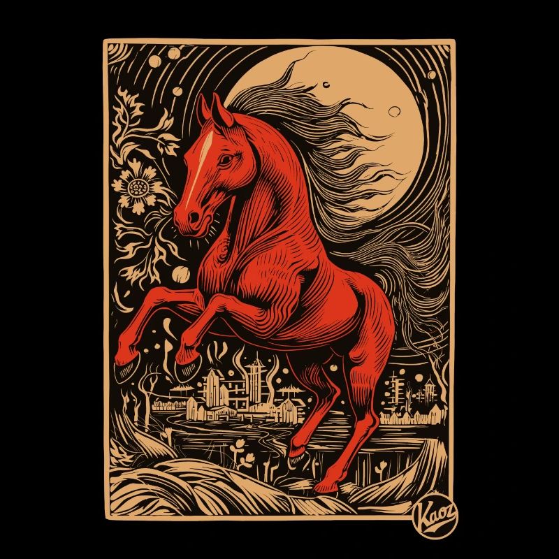 Holzschnitt, ein rotes Pferd