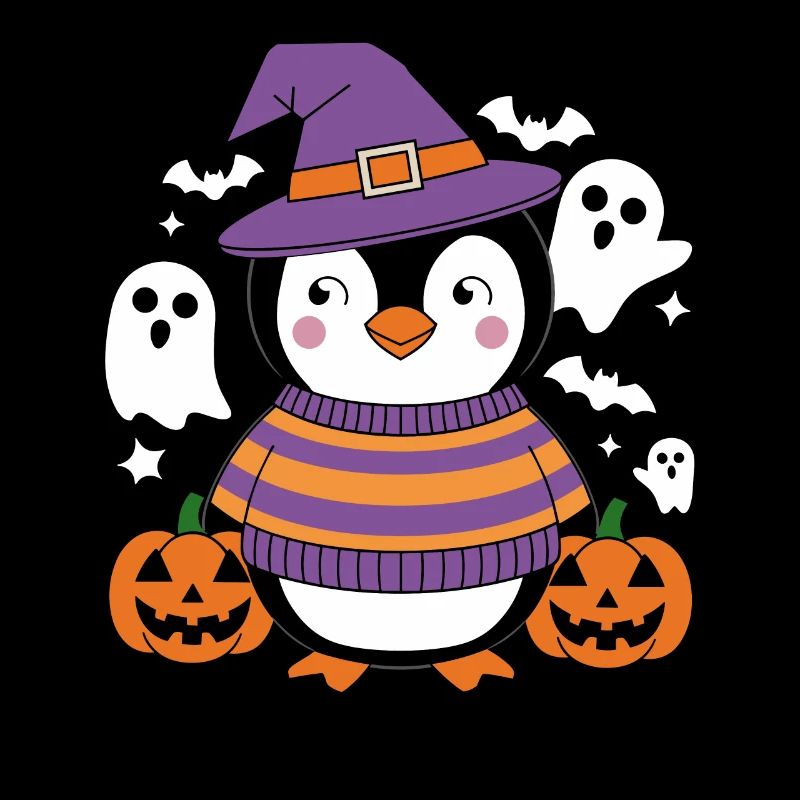 Penguin Halloween with pumpkins and ghosts