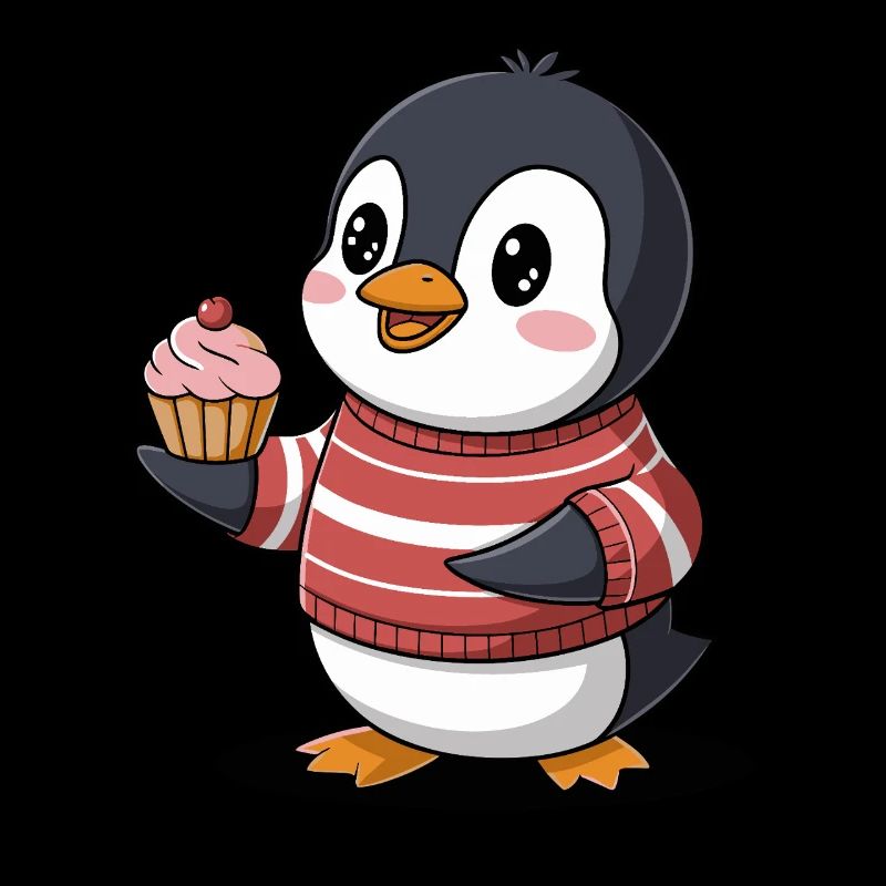 Pingouin mignon avec cupcake dans un pull rayé