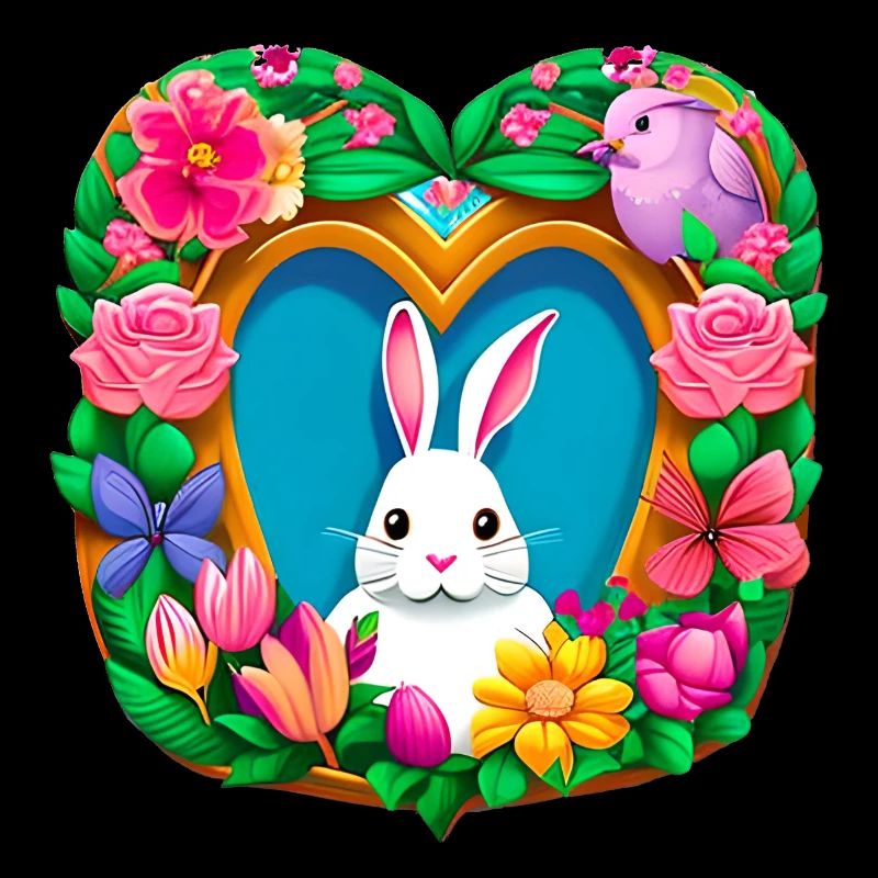 Cœur de lapin de Pâques Blanc Fleurs colorées