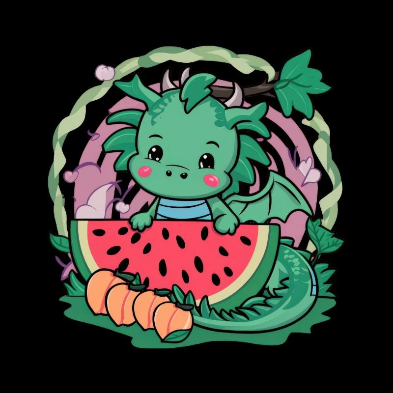 Kawaii Drache mit Pfirsichen und Wassermelone