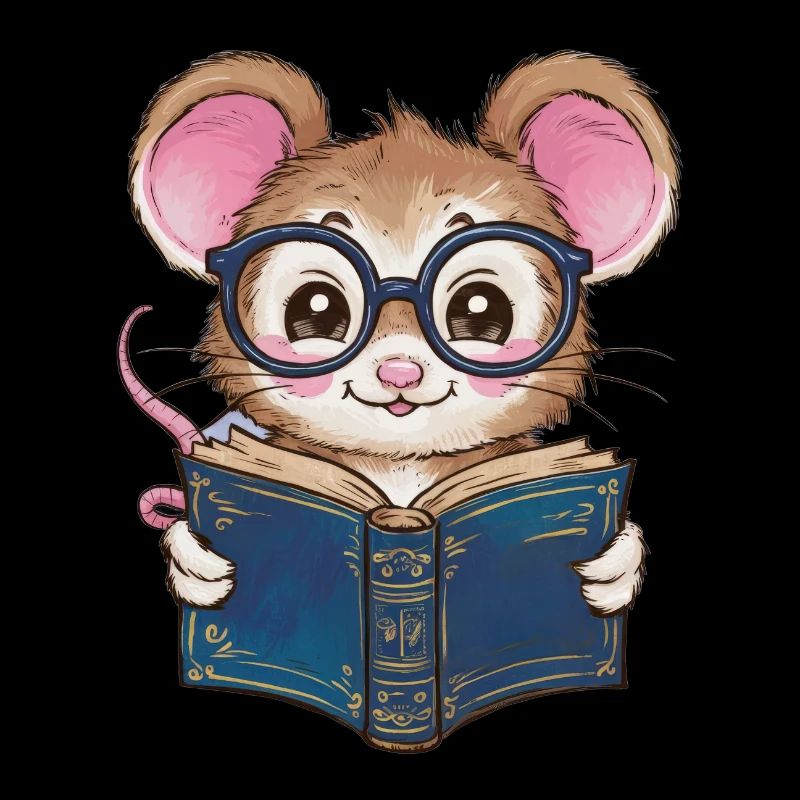 Kawaii Mouse - Mouse with Book and Reading Glasses