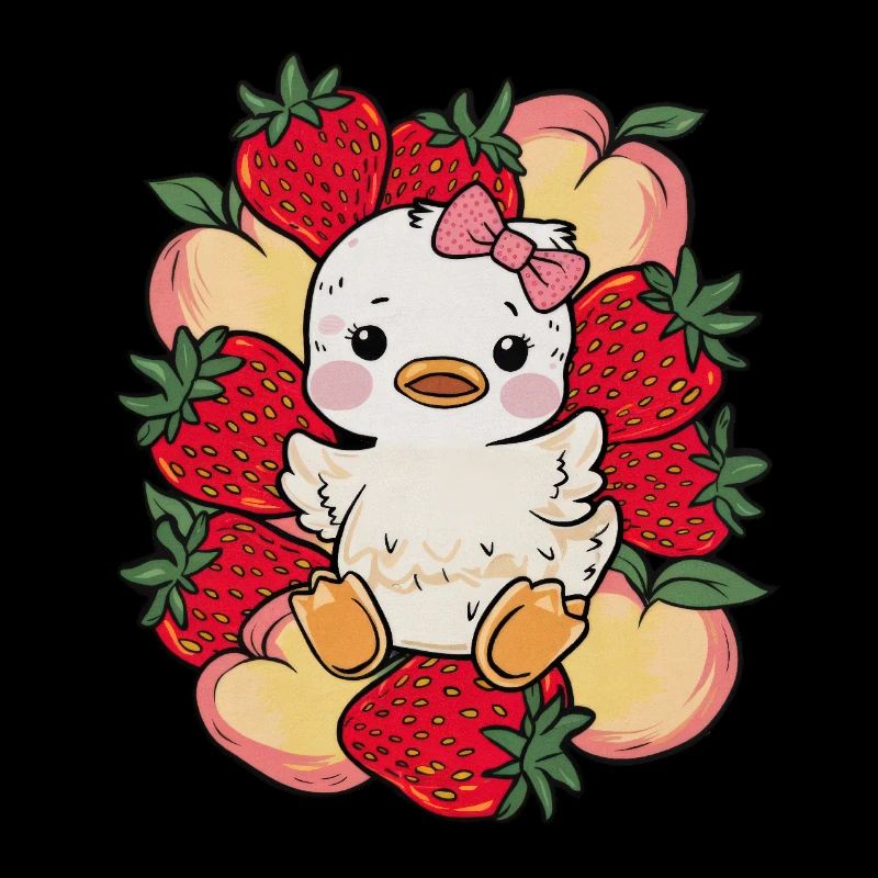 Cartoon Kawaii Entchen mit Pfirsichen, Erdbeeren