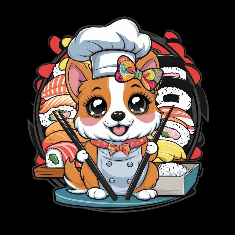 Chien Kawaii mignon avec sushis