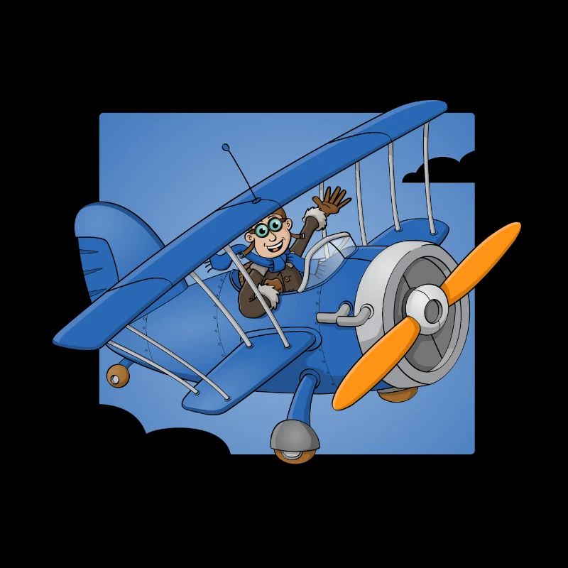Fröhlicher Pilot in einem blauen Flugzeug.