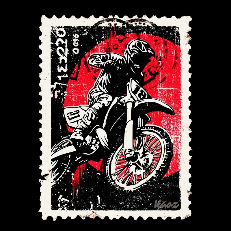 Pilote de motocross devant un timbre-poste soleil rouge