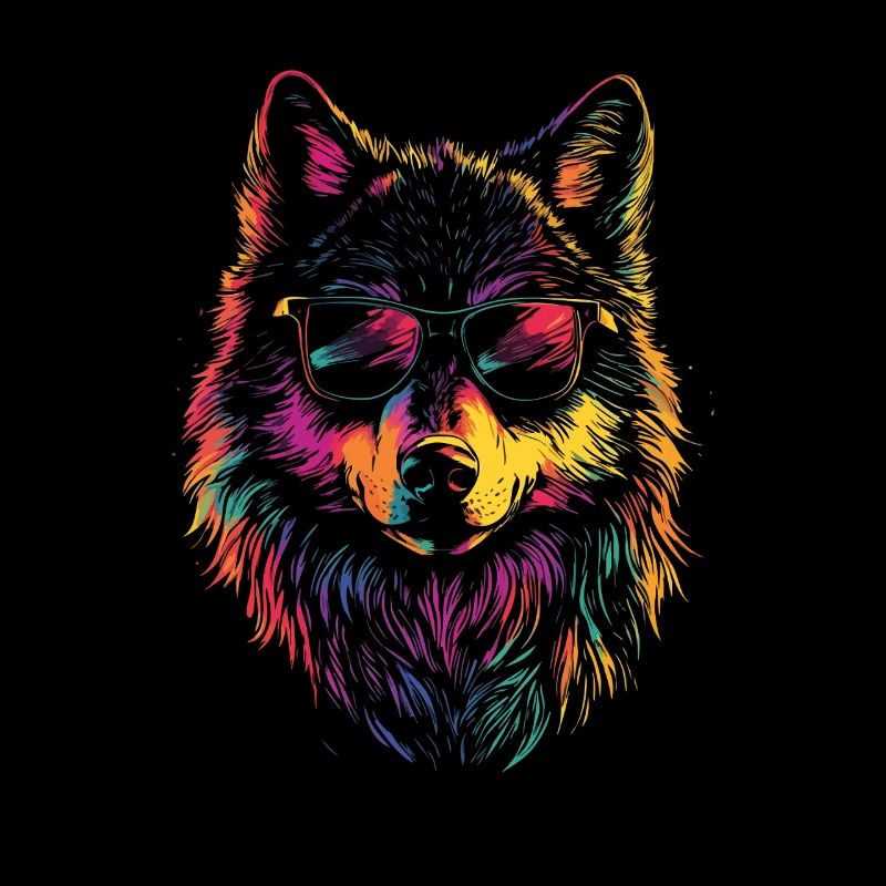 Cooler Wolf in Regenbogenfarben und Sonnenbrille