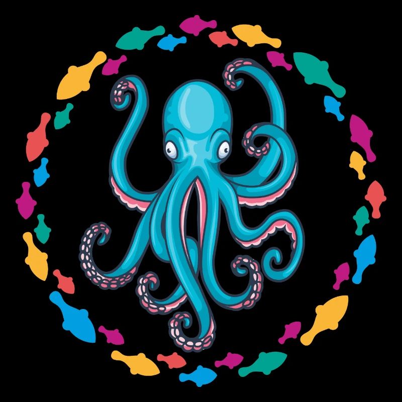 Blue octopus in a colorful fish circle