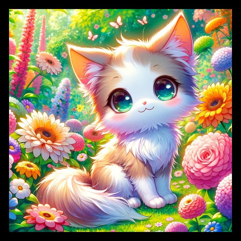Eine süße Anime Katze in einem Blumengarten