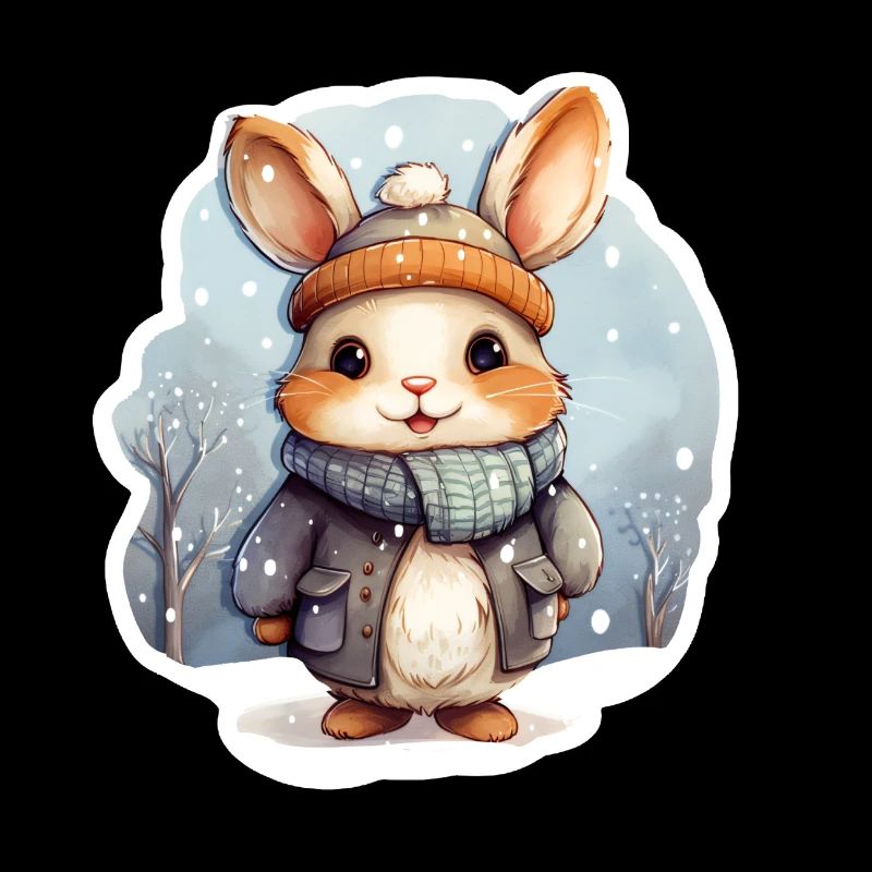 lapin mignon dans la neige avec chapeau, veste et écharpe