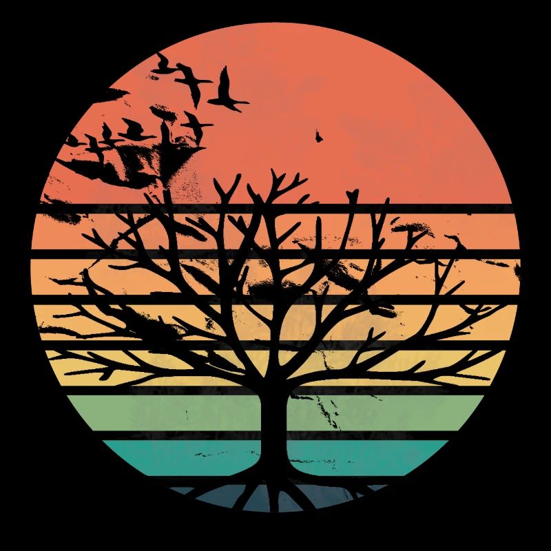 Retro sunset with tree and migratory birds