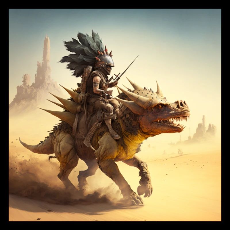 Caveman riding stegosaurus in the desert