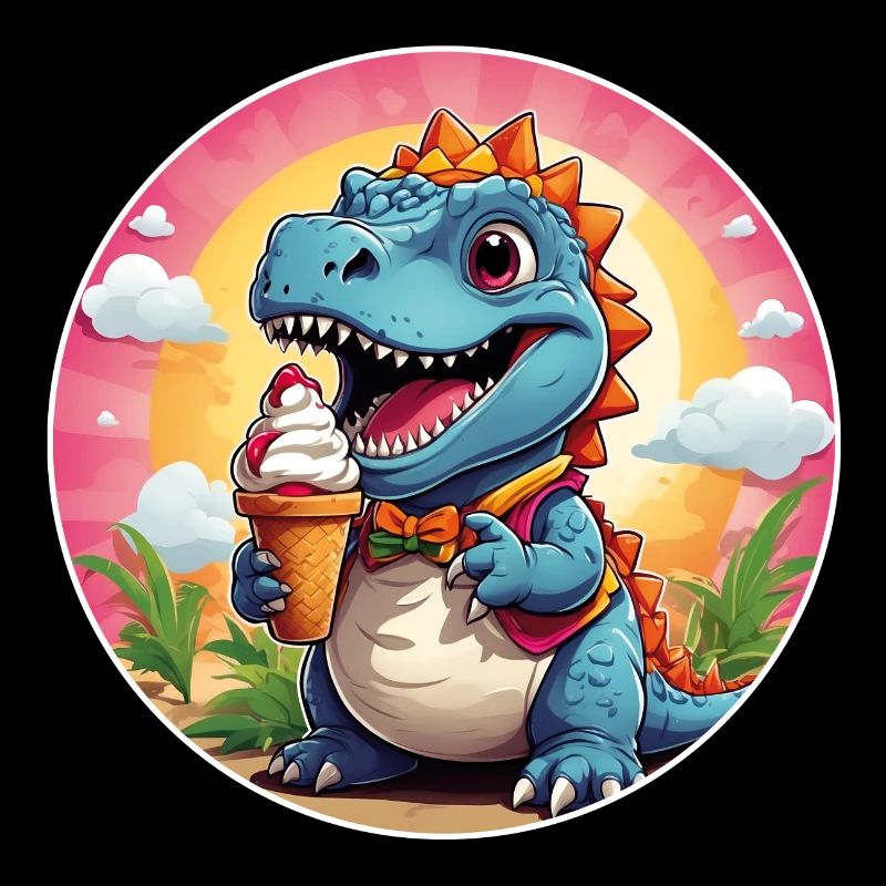 Petit dino mignon avec un grand cornet de crème glacée coloré