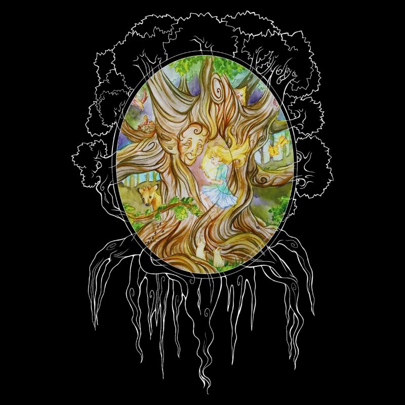 Fille dans l’arbre de la sagesse, chêne, forêt, miroir