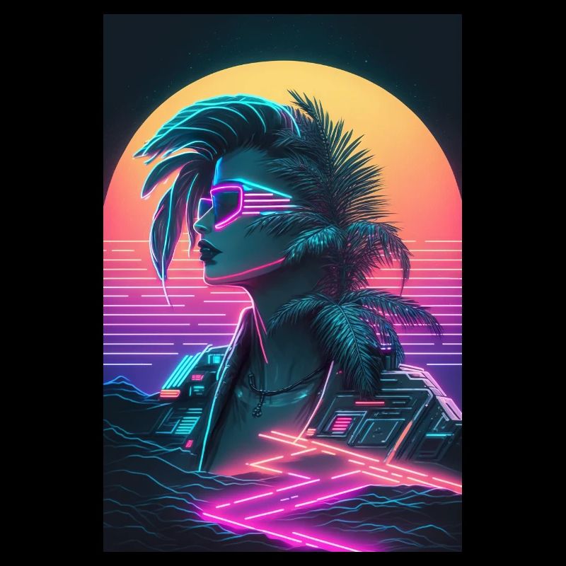 Ein weiblicher Cyberpunk und Synthwave Cyborg