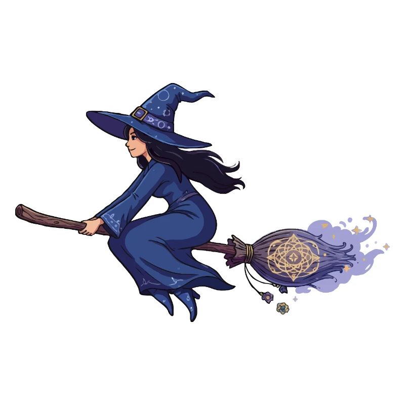 Witch on Broom in Magic Blue