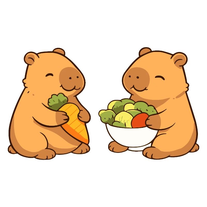 Capybara couple with vegetables – relaxed & cute