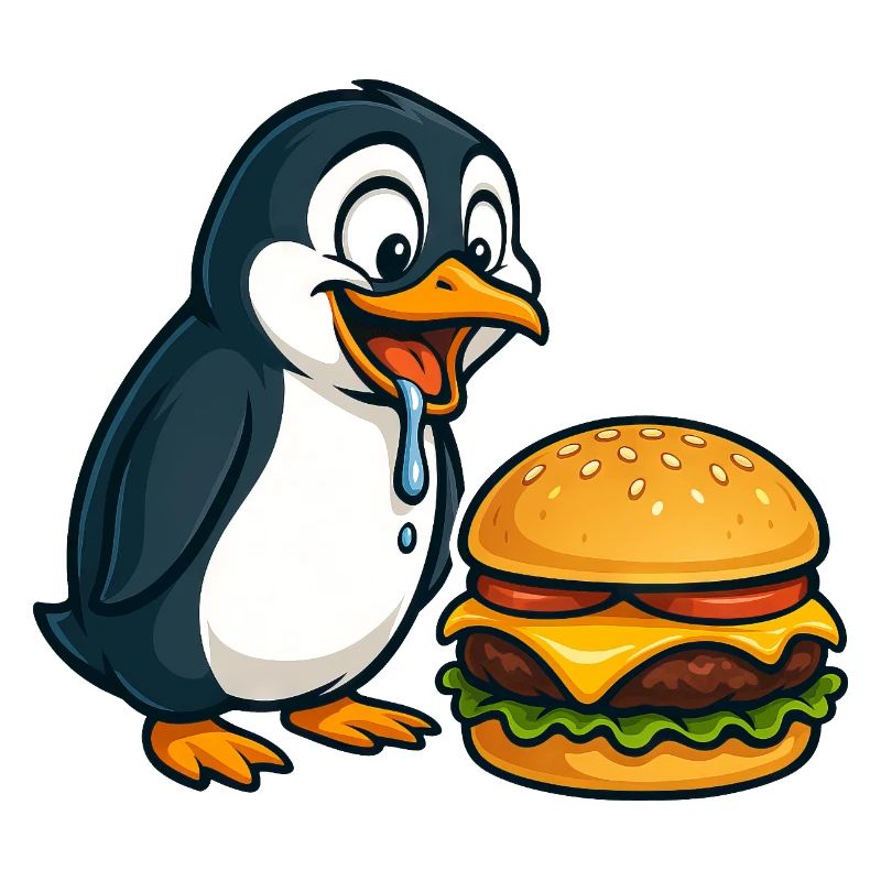 drôle pingouin cheeseburger dessin animé de restauration rapide