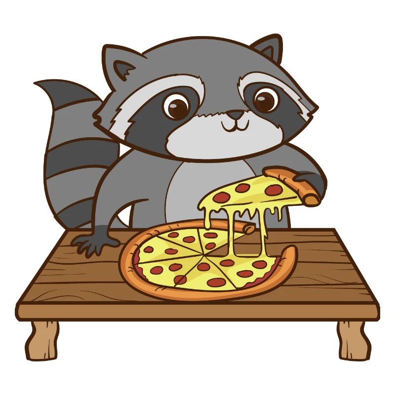 Ein süsser Waschbär isst eine Pizza.