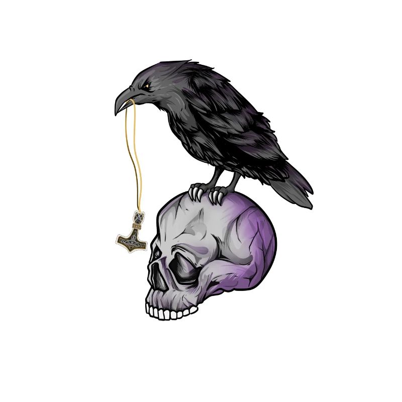 Gothic Krähe mit Mjölnir Kette auf Schädel - Goth