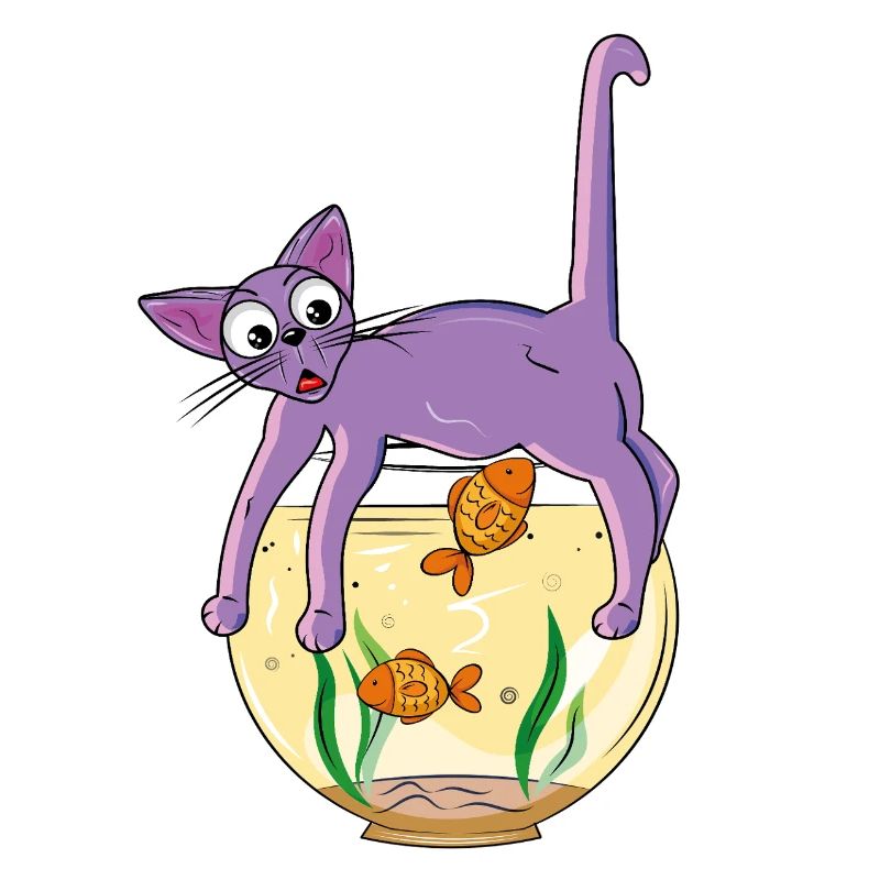 Chat violet sur le bocal à poissons