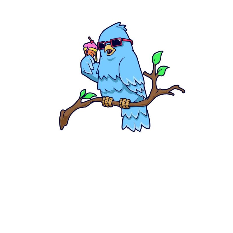Cool bird on branch eats ice cream cone