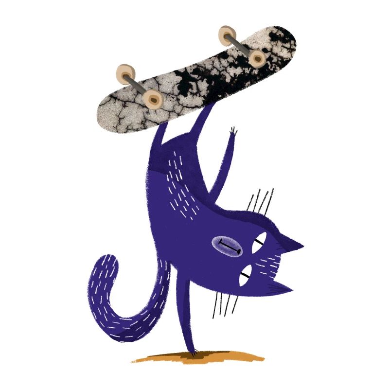 Chat violet sur skateboard