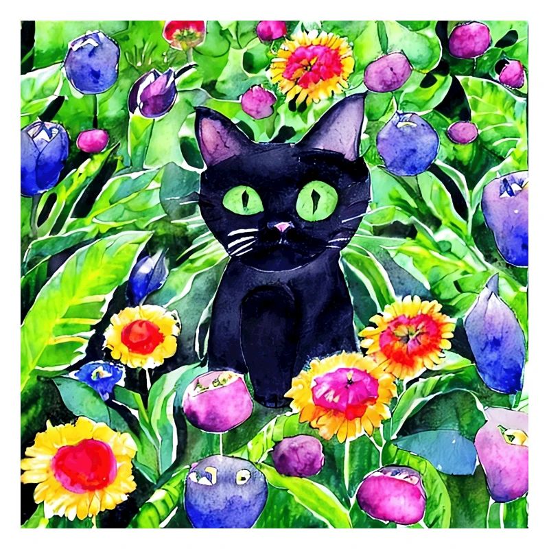 Chat noir assis dans un jardin de fleurs