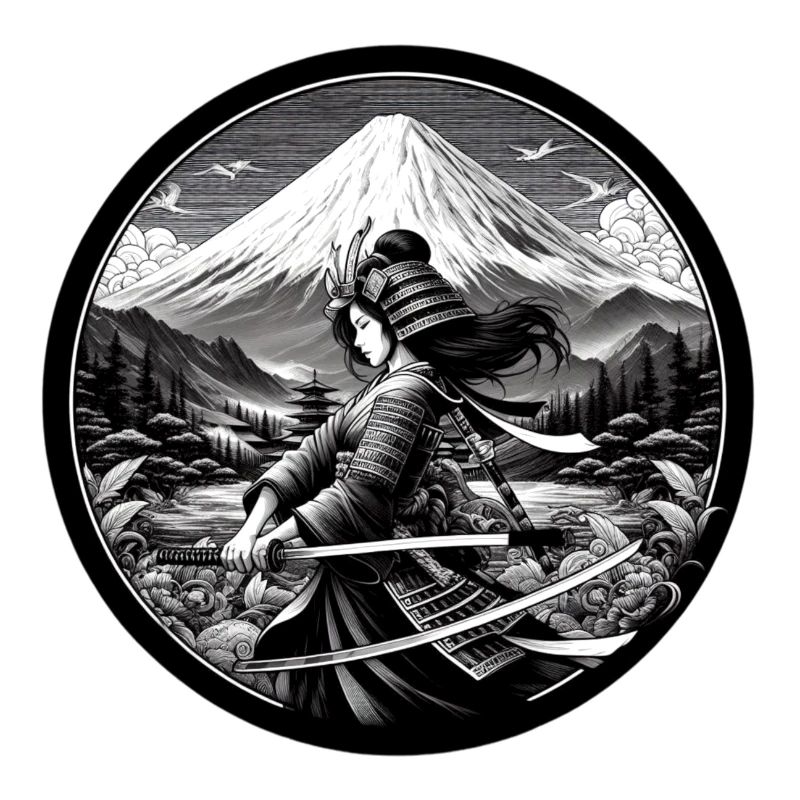 Femme Samouraï avec katana devant Fuji