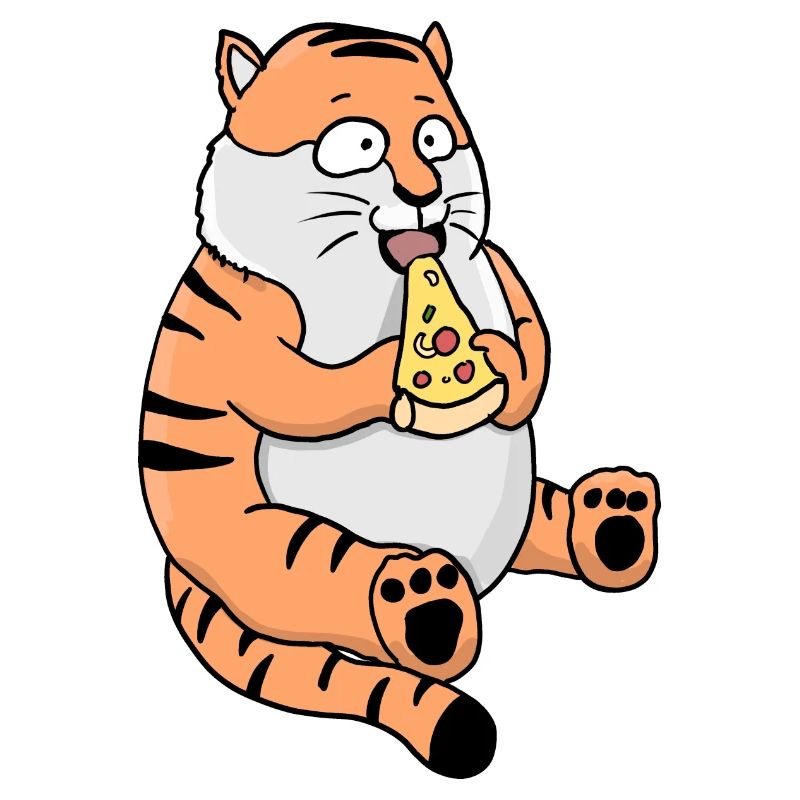 Fat Tiger Eating Pizza Funny Comic Style