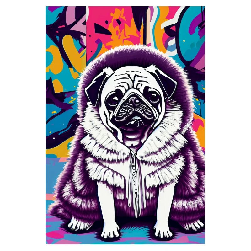 Carlin en manteau de fourrure devant un mur de graffitis | Pop art