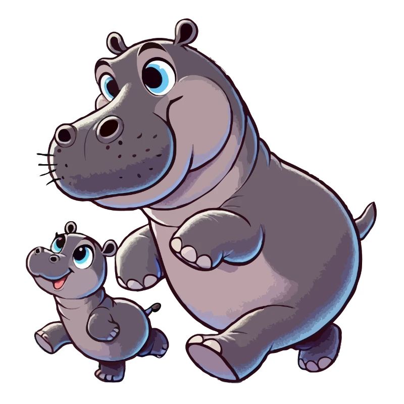 Nilpferd-Mutter mit herumtollendem Kind