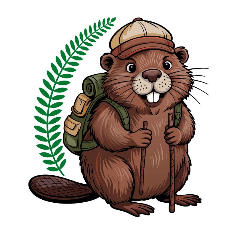 Funny beaver with hiking poles and backpack