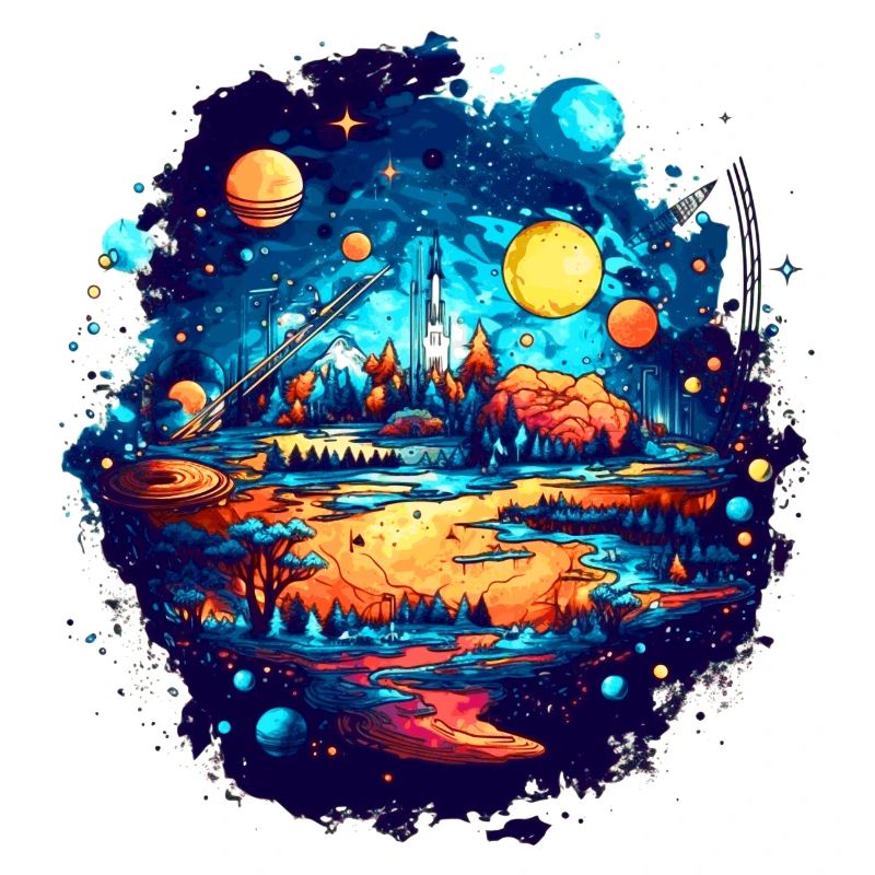 The view into an alien solar system with planets