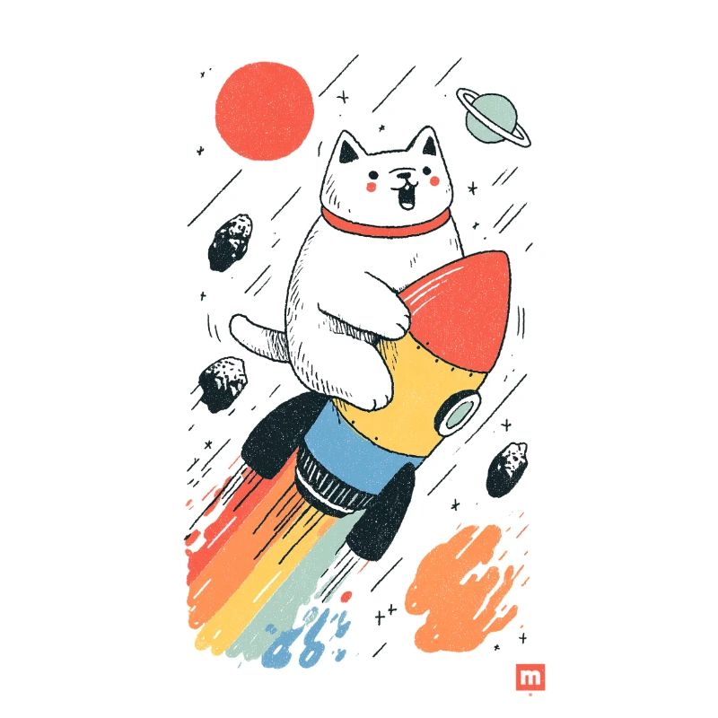 Chat sur fusée dans l’espace coloré