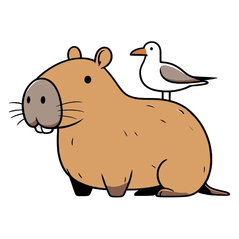 Comic Capybara Watershine with Seagull on Back