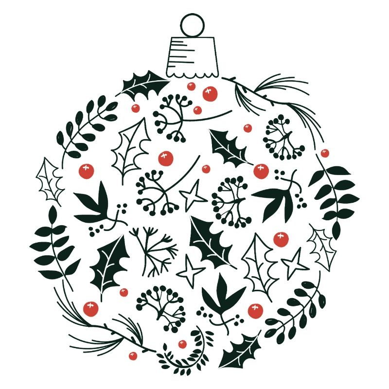 Weihnachtskugel mit Stechpalme und Vogelbeerblättern