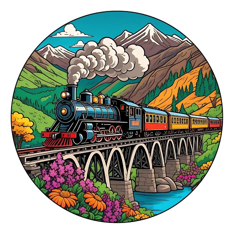 Bunter nostalgischer Eisenbahnzug mit Dampflok