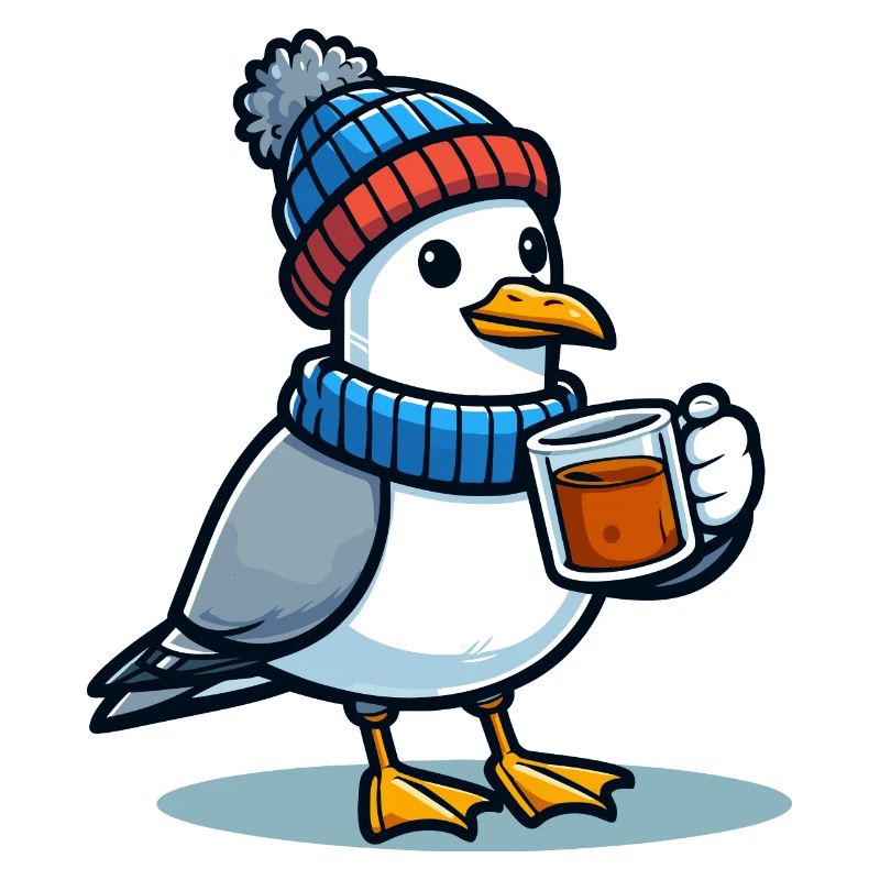 Nordsee Möwe Mütze Beanie trinkt Tee oder Kaffee