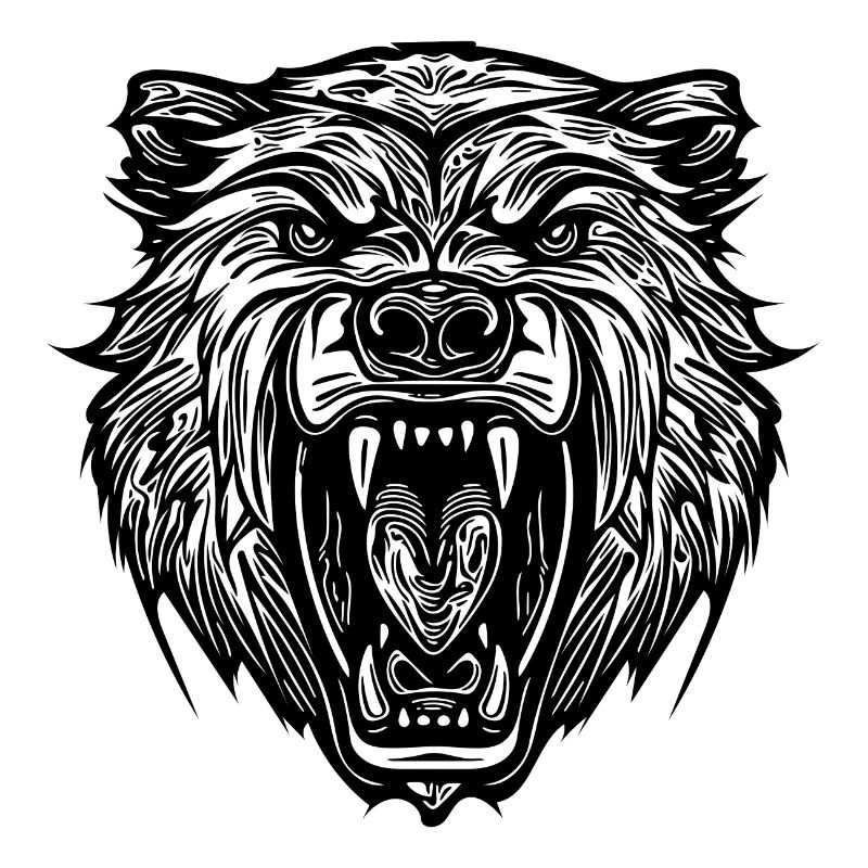 Wild bear's head with sharp teeth