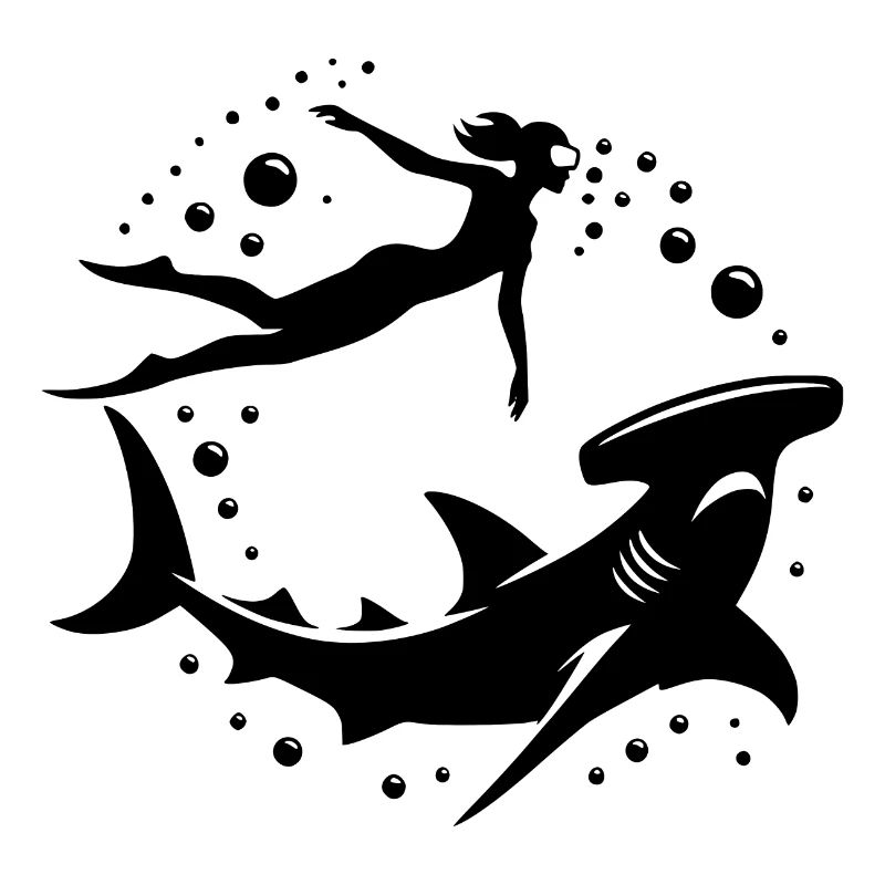 Hammerhead shark and diver floating underwater