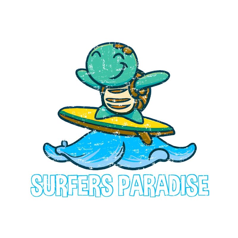 Cute kawaii turtle on surfboard with surfers