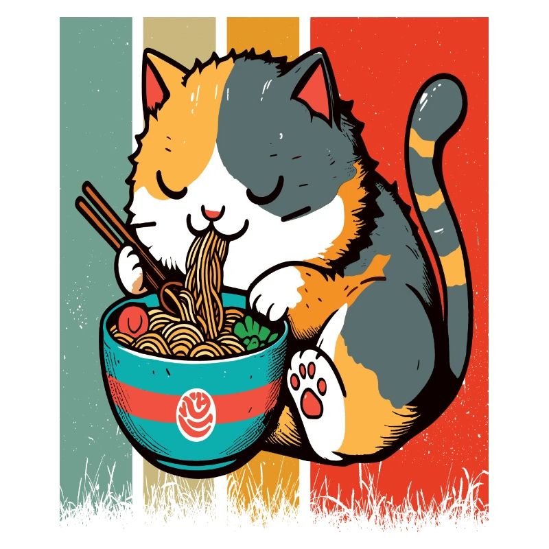 Chat mangeant des Ramen, coloré