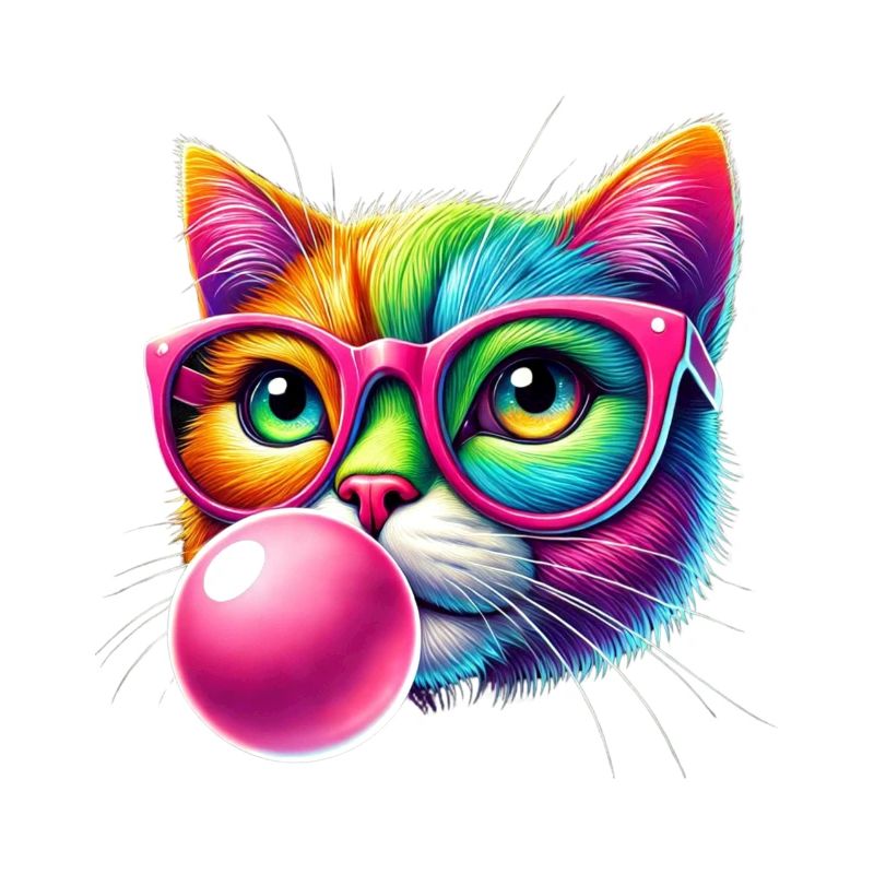 Bunte Katze mit Brille und Kaugummi-Design