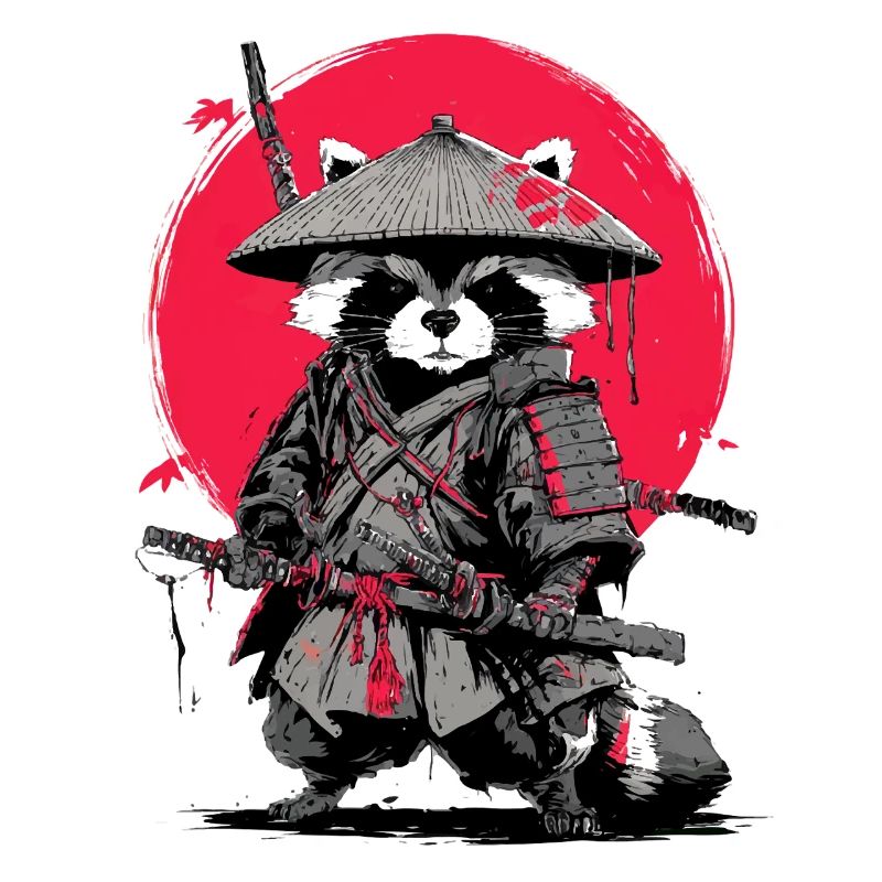 Raccoon Samurai under Crimson Moon