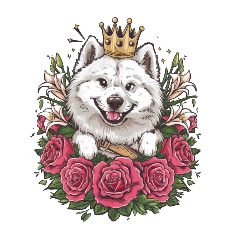 Spitz Samoyède doux aux roses et aux lys